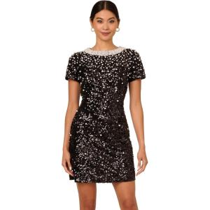 imageAdrianna Papell Womens Beaded Short Sleeves DressBlackIvory