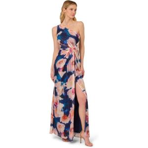 imageAdrianna Papell Floral Print Chiffon Gown with One Shoulder NecklineNavyBlush