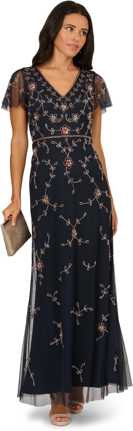 imageAdrianna Papell Short Sleeve Floral Beaded Mermaid Gown