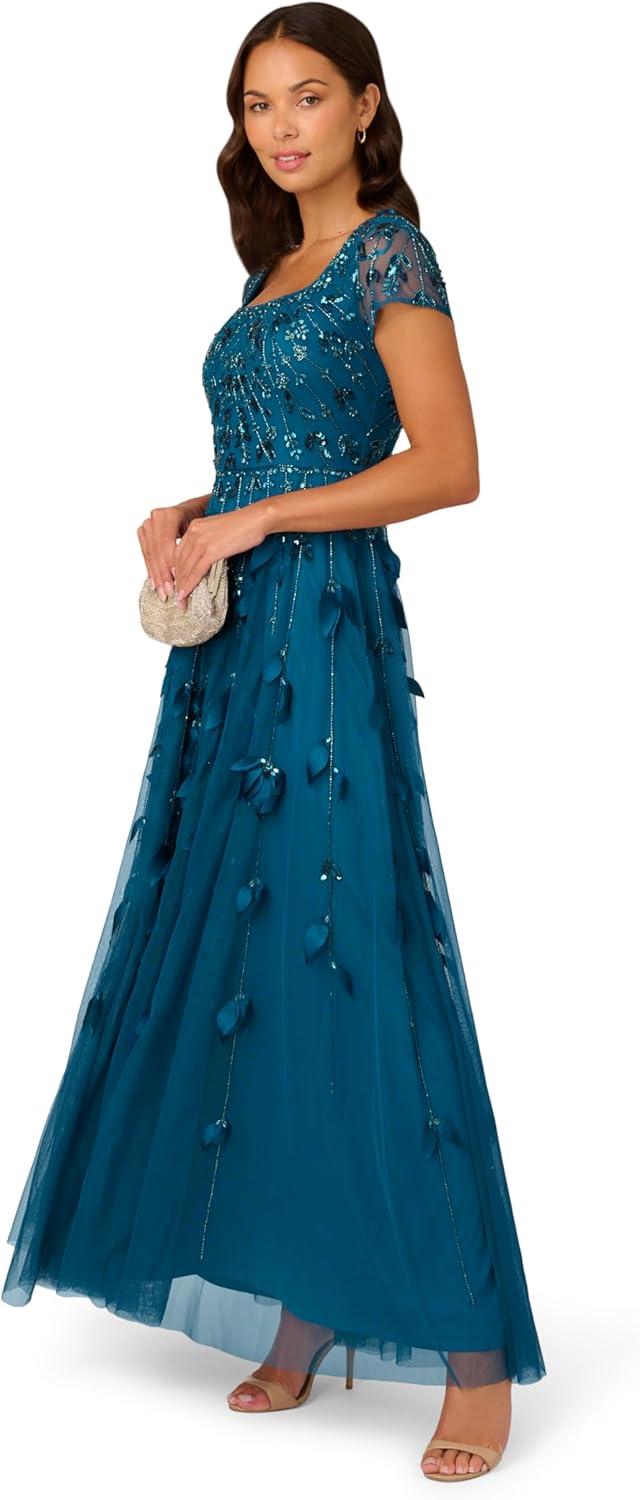 imageAdrianna Papell Womens Bead 3D Petal Long DressTeal Sapphire