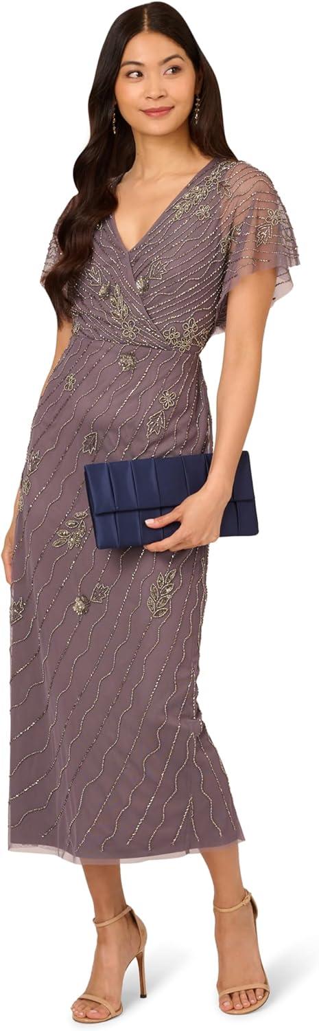 imageAdrianna Papell Womens Bead Flutter Sleeve Long DressMoonscape