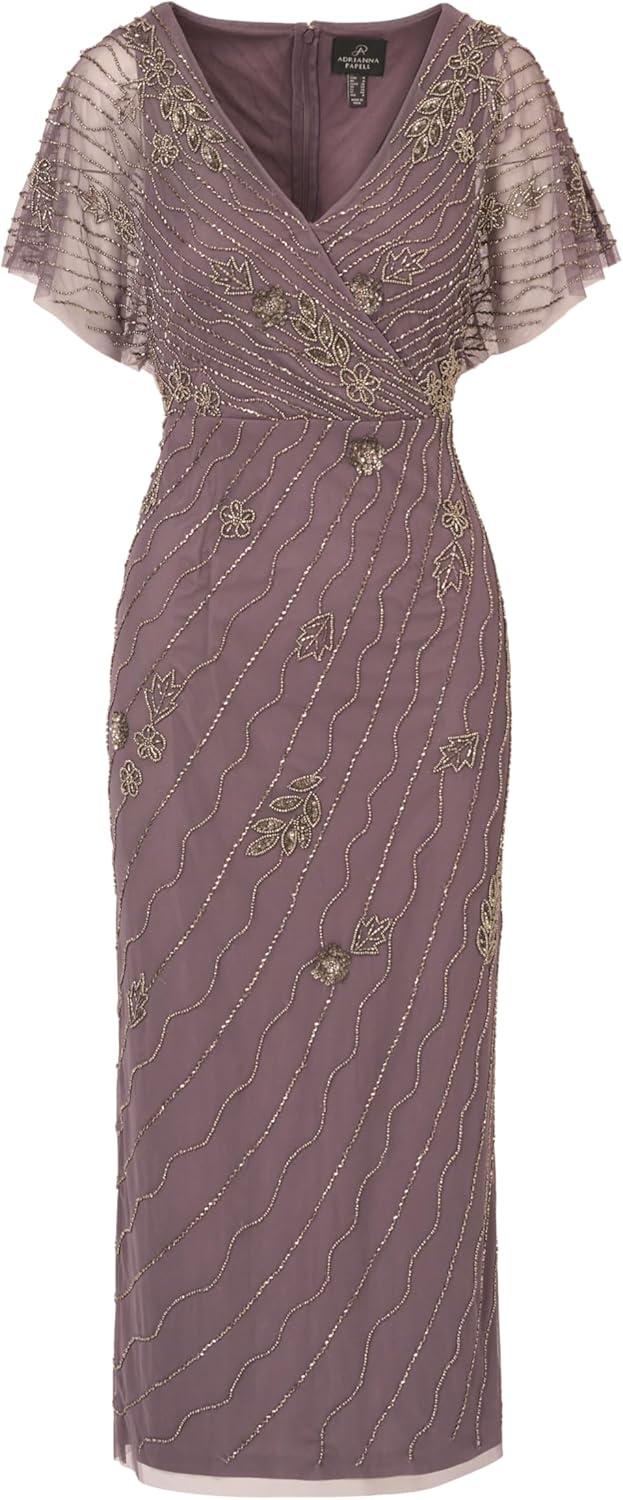 imageAdrianna Papell Womens Bead Flutter Sleeve Long DressMoonscape