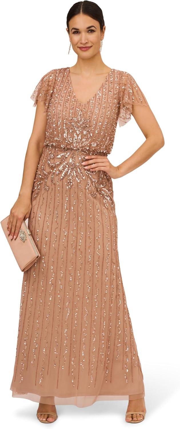 imageAdrianna Papell Womens Beaded Blouson Long Dress Rose Gold 8