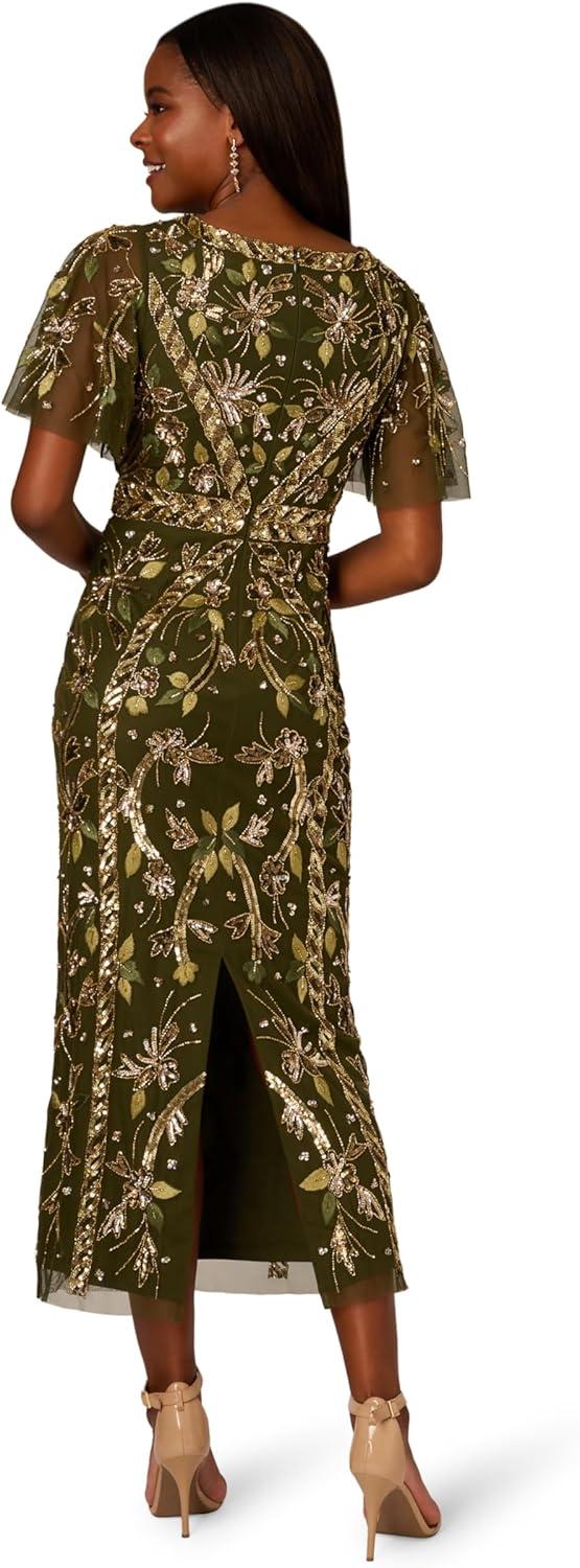 imageAdrianna Papell Womens Beaded Flutter Sleeve DressOlive