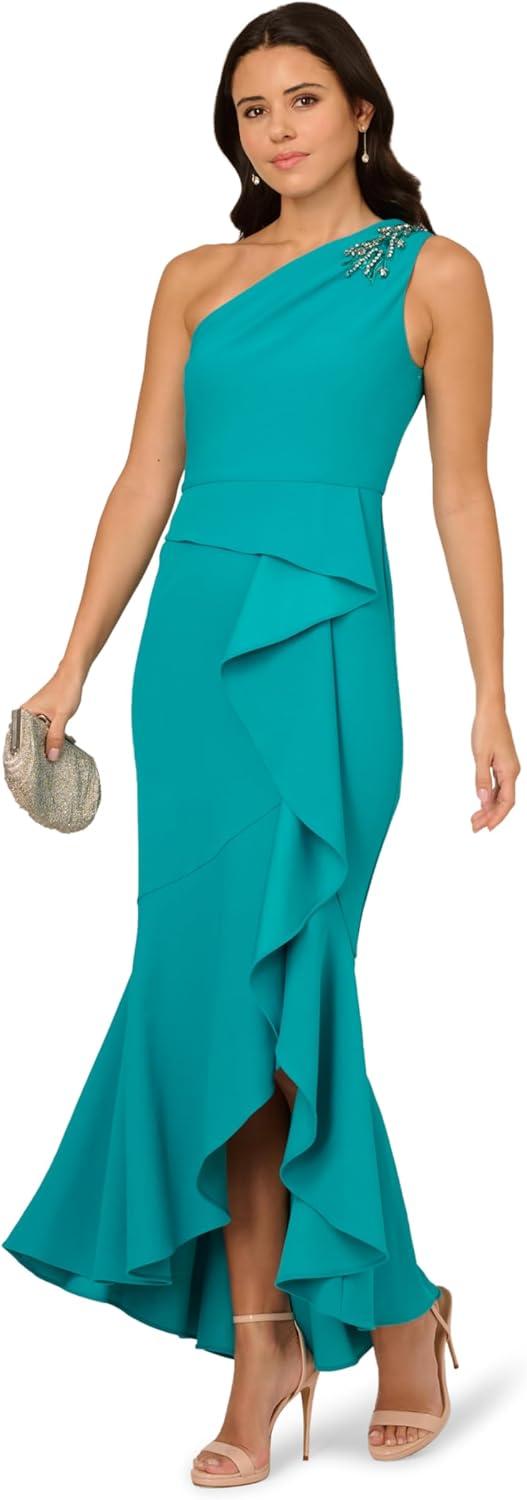 imageAdrianna Papell Womens Beaded Knit Crepe GownTeal Lagoon