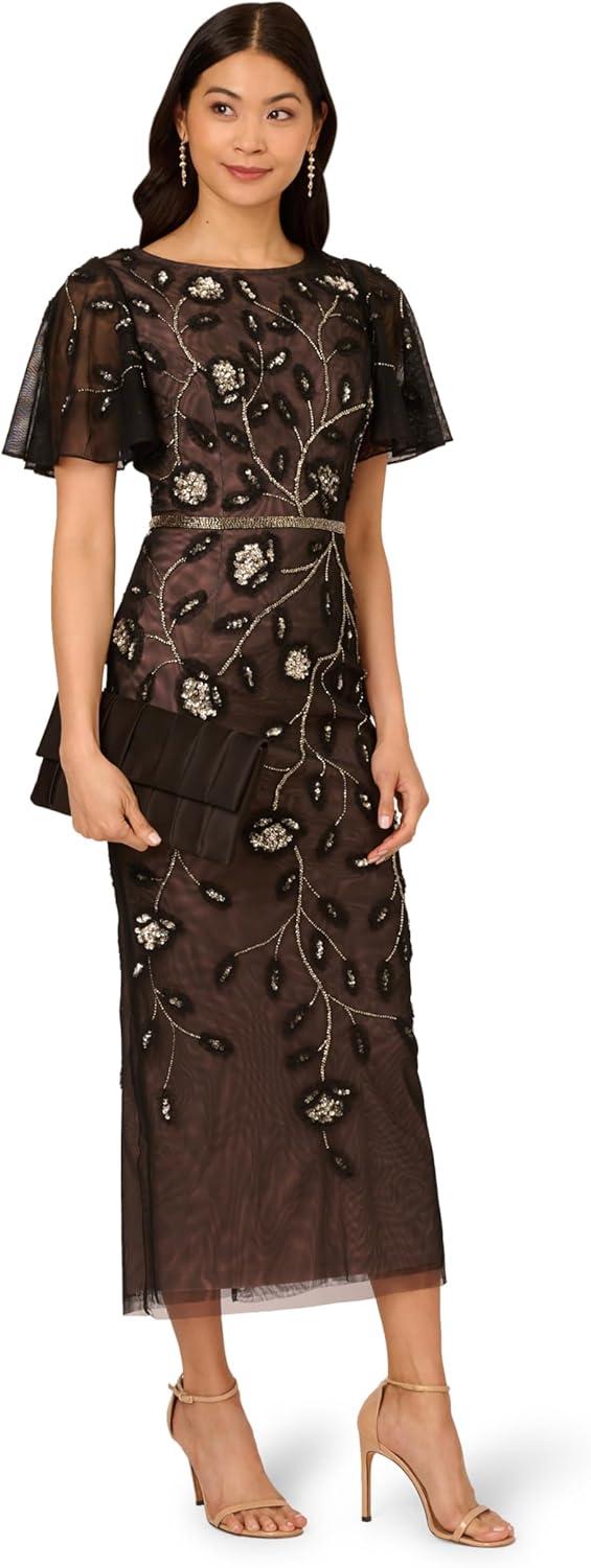 imageAdrianna Papell Womens Beaded Mesh Column DressBlackRosegold