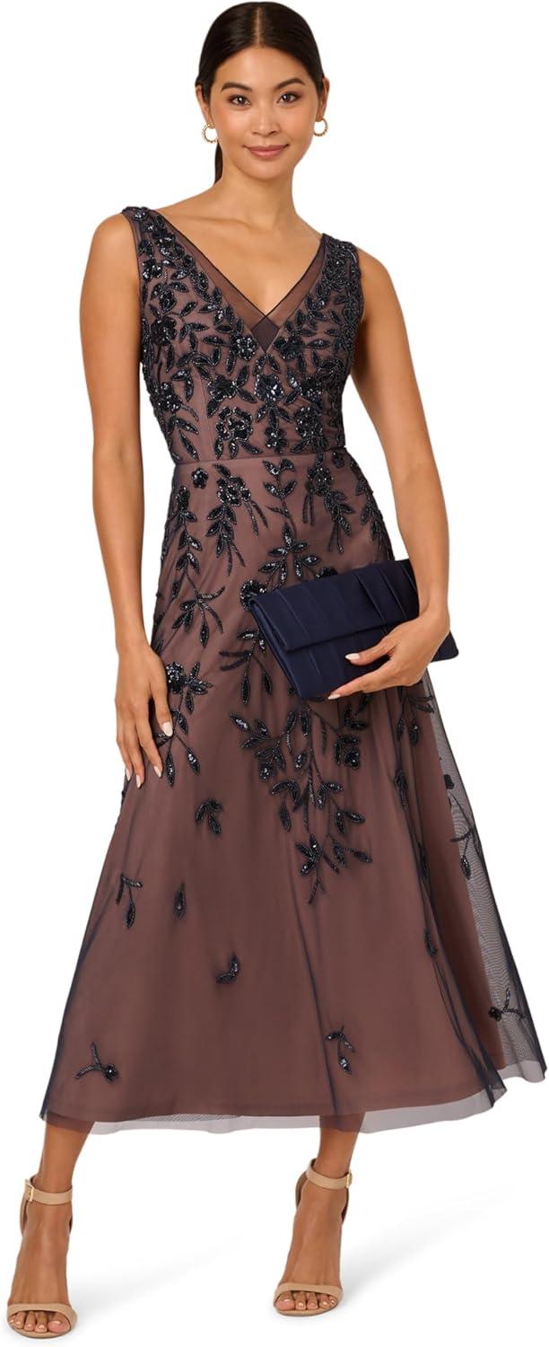 imageAdrianna Papell Womens Beaded Mesh DressNavyRosegold