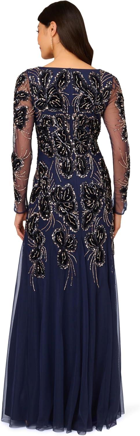 imageAdrianna Papell Womens Beaded Mesh Velvet Long DressLight Navy