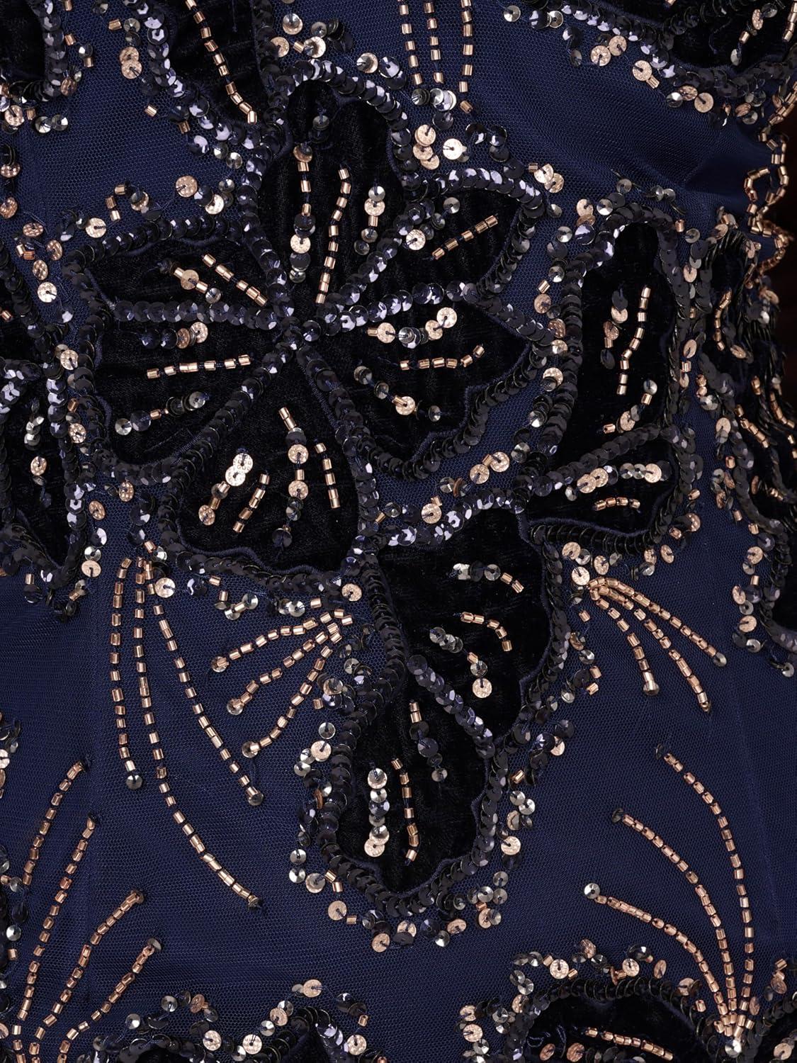 imageAdrianna Papell Womens Beaded Mesh Velvet Long DressLight Navy