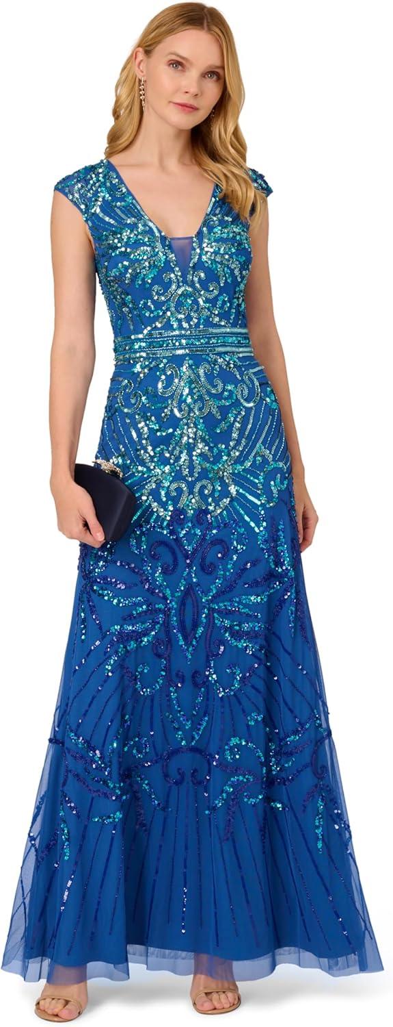imageAdrianna Papell Womens Cap Sleeve Beaded DressBlue Horizon