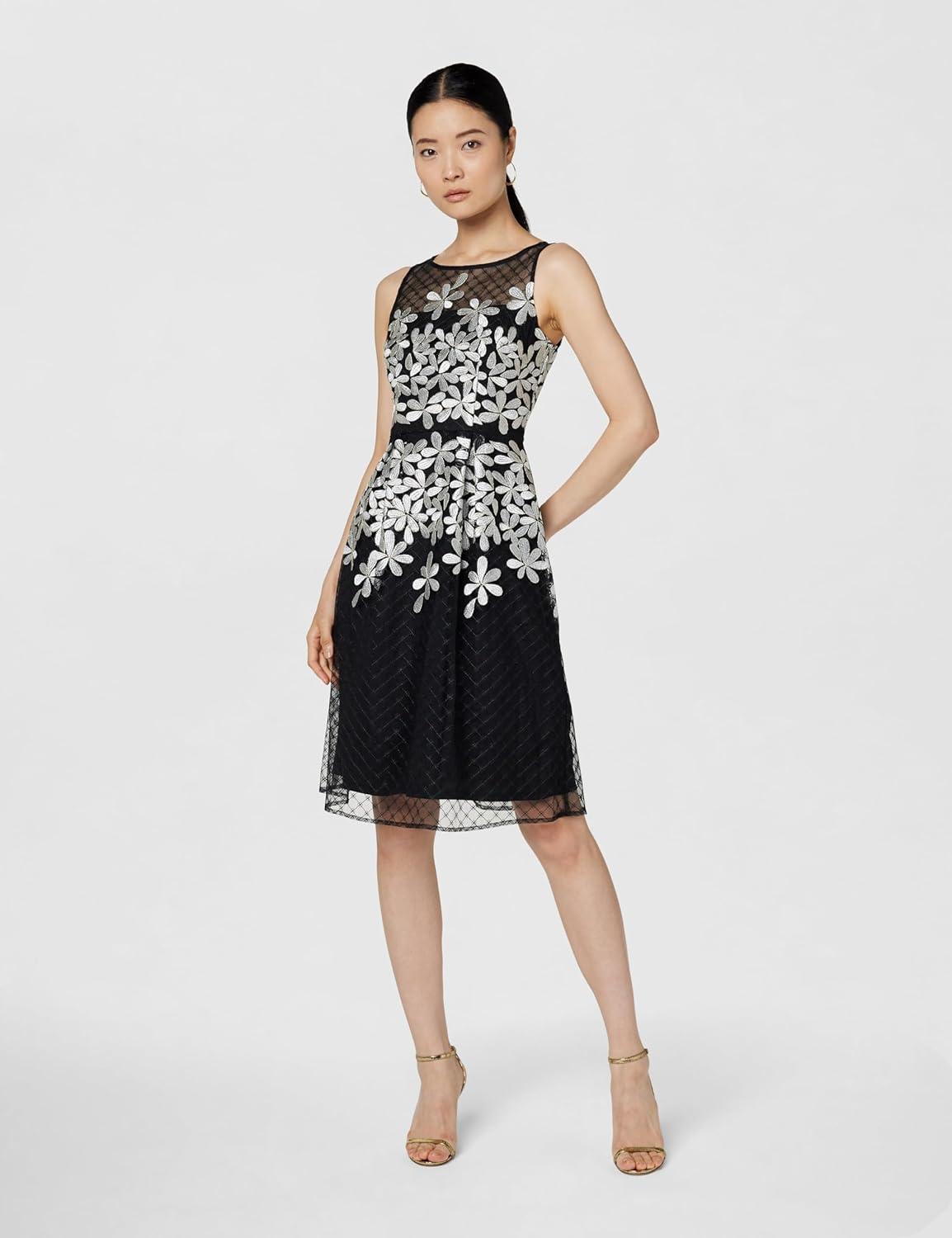 imageAdrianna Papell Womens Embroidered Fit and FlareBlackIvory