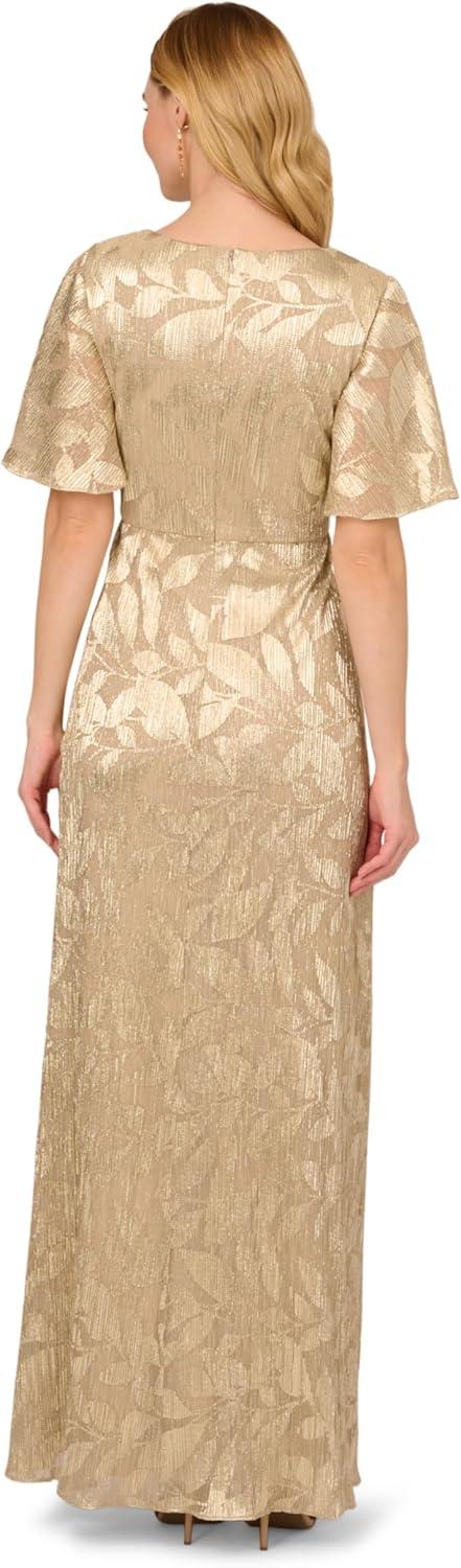 imageAdrianna Papell Womens Foil Leaf Draped GownChampagneGold