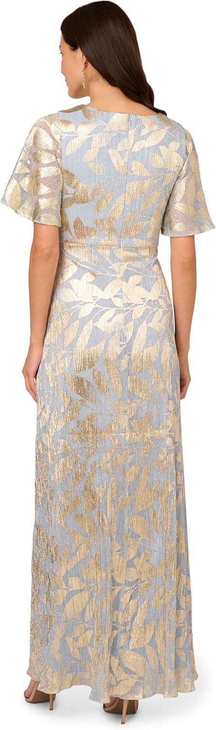 imageAdrianna Papell Womens Foil Leaf Draped GownLight BlueGold