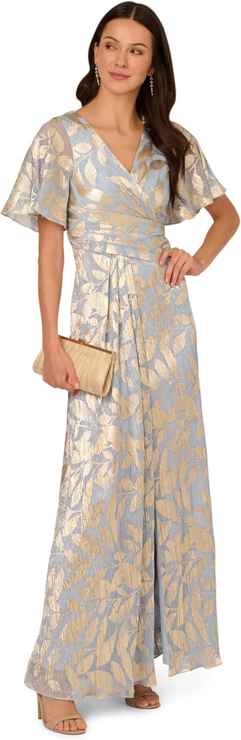 imageAdrianna Papell Womens Foil Leaf Draped GownLight BlueGold