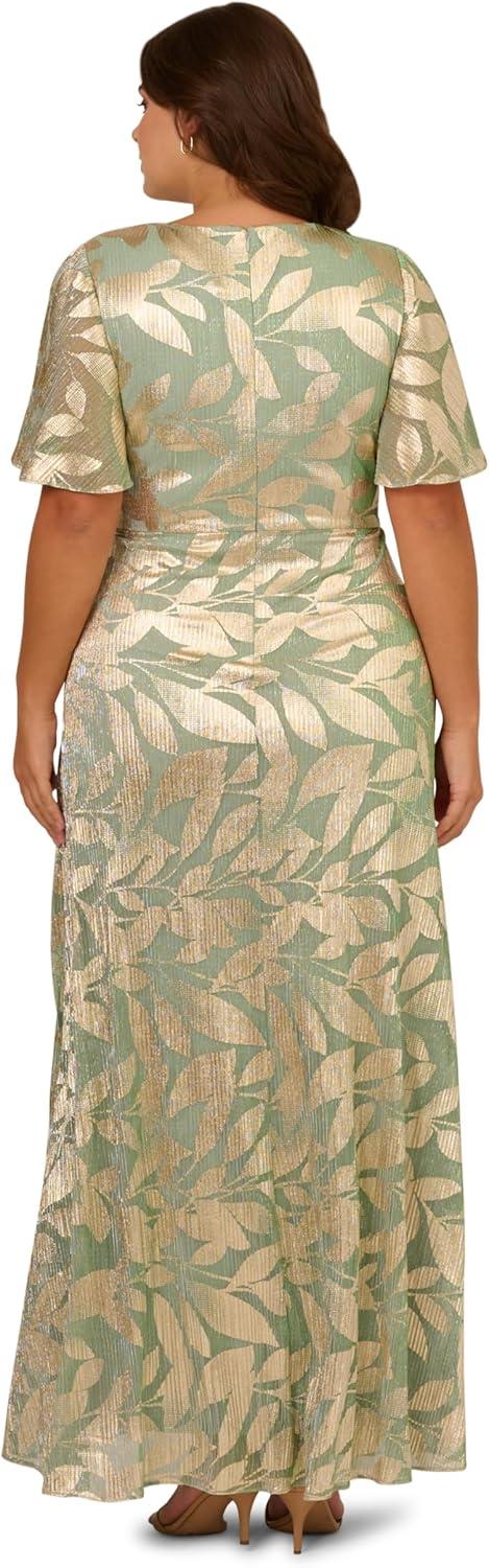 imageAdrianna Papell Womens Foil Leaf Draped GownSageGold