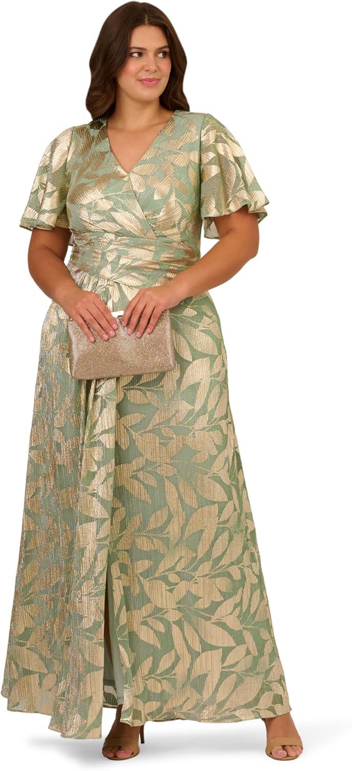 imageAdrianna Papell Womens Foil Leaf Draped GownSageGold