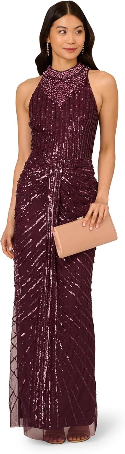 imageAdrianna Papell Womens Halter Bead Drape Long DressDeep Amethyst