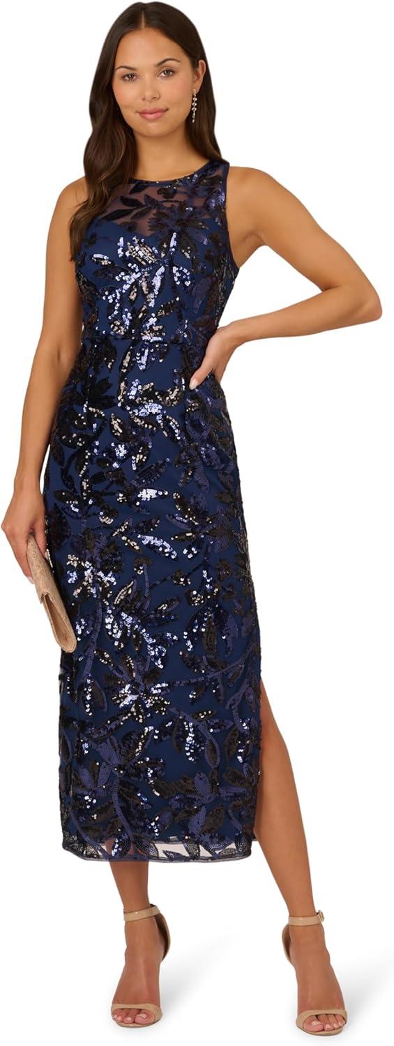 imageAdrianna Papell Womens Leaf Sequin Maxi DressNavyBlack