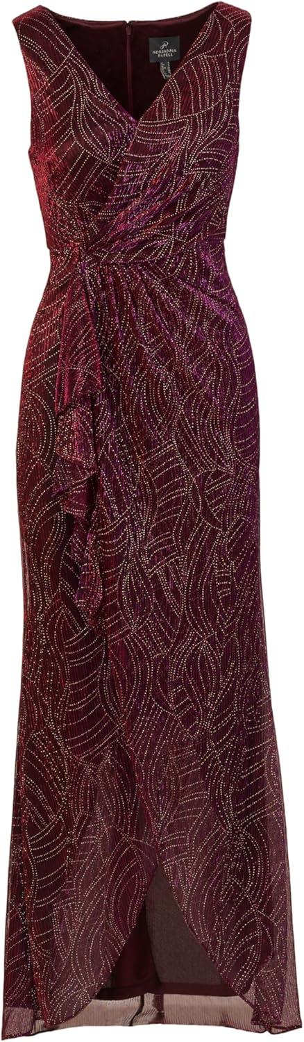 imageAdrianna Papell Womens Metallic Mesh Cascade GownSpecial Occasion DressBurgundyGold