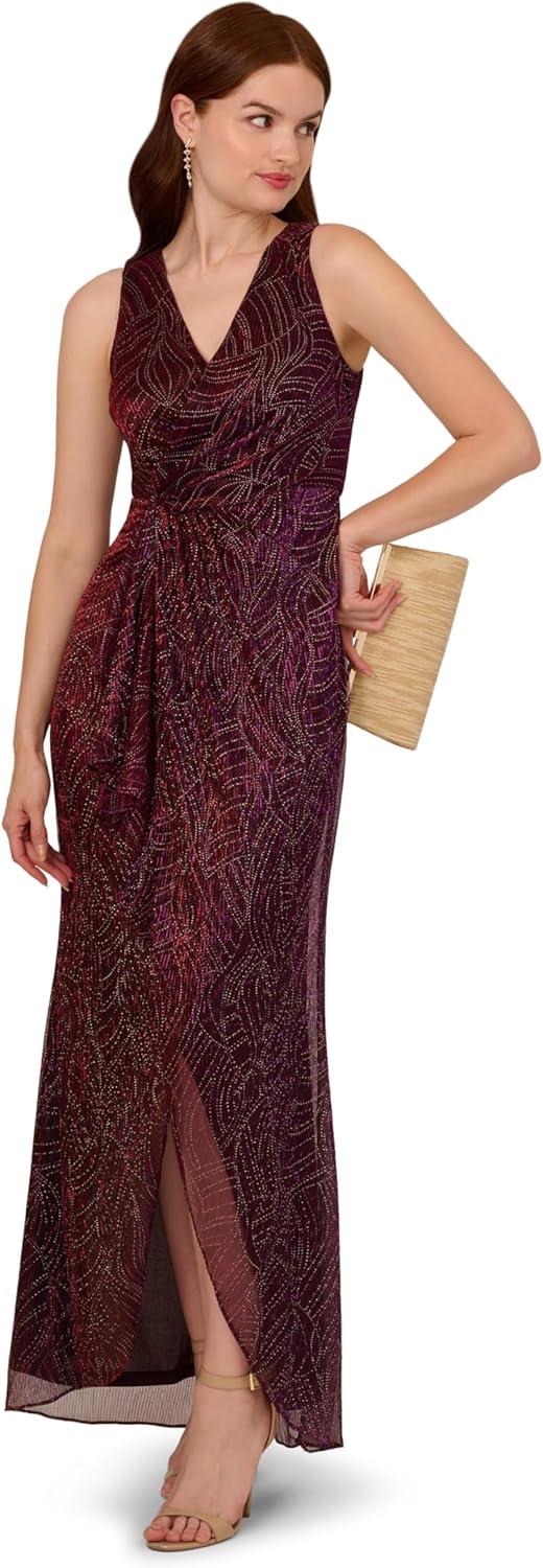 imageAdrianna Papell Womens Metallic Mesh Cascade GownSpecial Occasion DressBurgundyGold