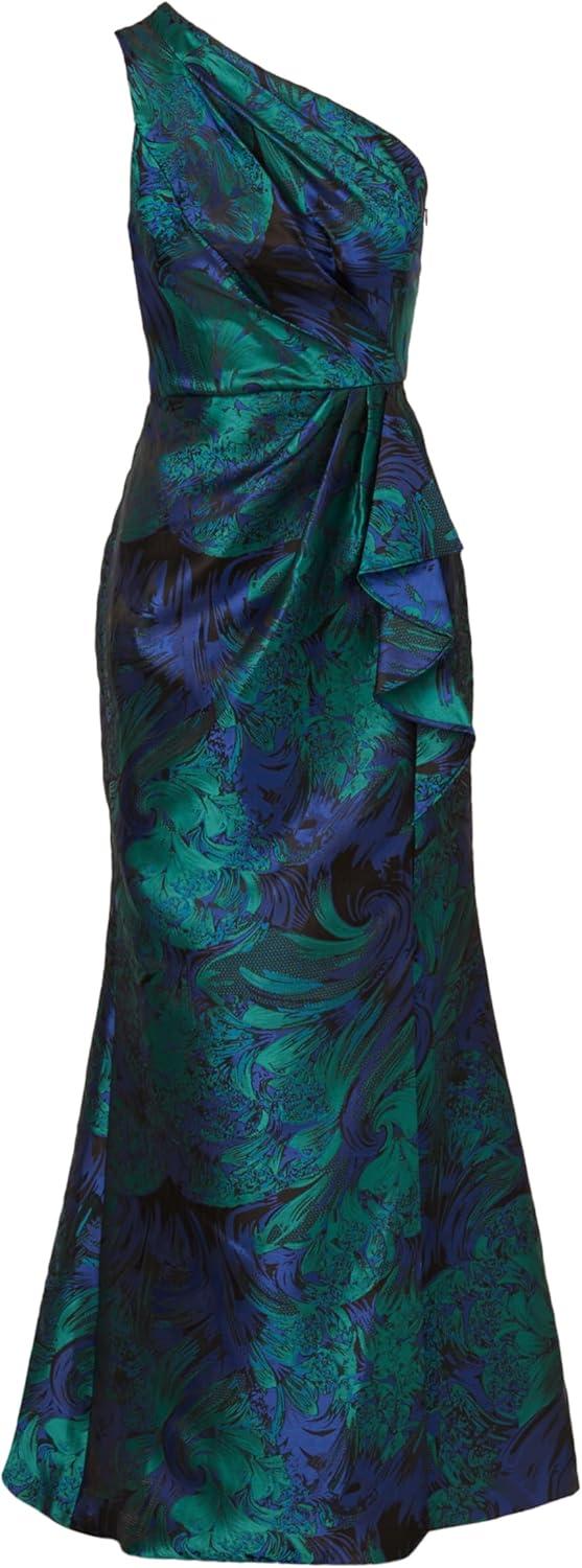 imageAdrianna Papell Womens One Shoulder Jacquard GownCobaltTeal