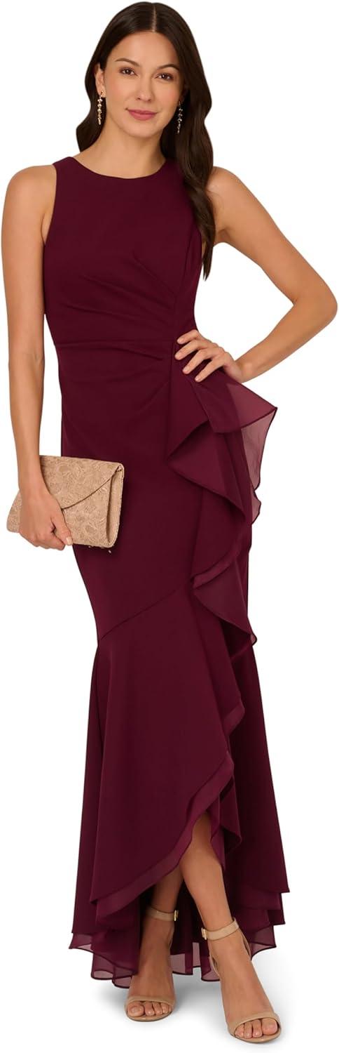 imageAdrianna Papell Womens Ruffle Crepe Halter GownCabernet