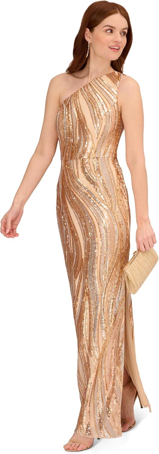 imageAdrianna Papell Womens Sequin One Shoulder GownChampagneGold Multi