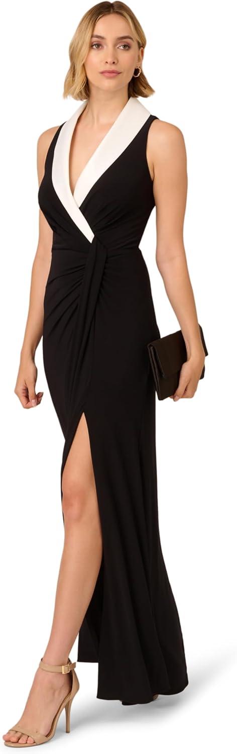 imageAdrianna Papell Womens Shawl Collar Jersey GownBlackIvory