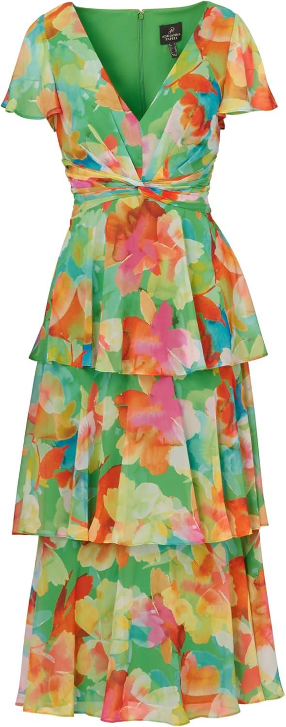 imageAdrianna Papell Womens Tiered Chiffon Midi DressGreen Multi
