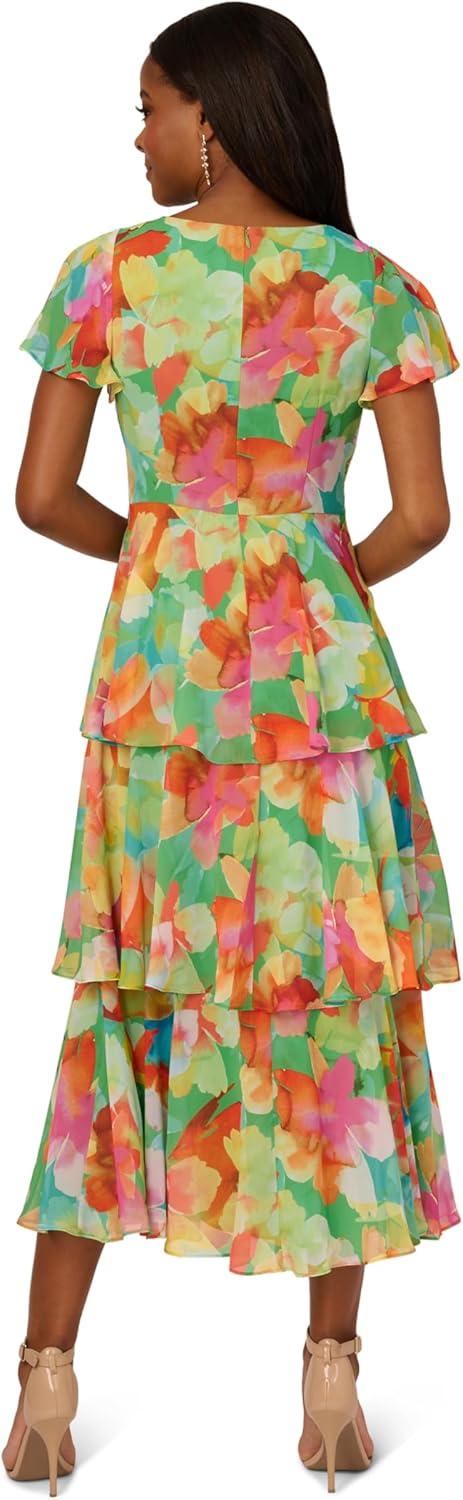 imageAdrianna Papell Womens Tiered Chiffon Midi DressGreen Multi