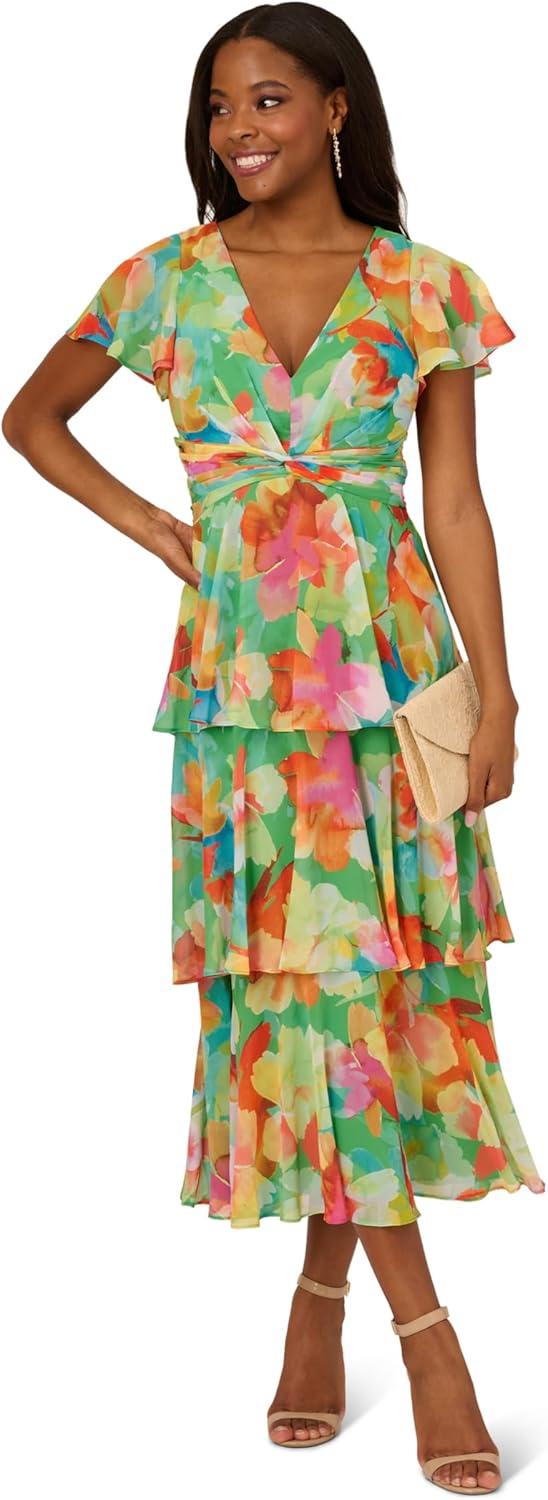 imageAdrianna Papell Womens Tiered Chiffon Midi DressGreen Multi