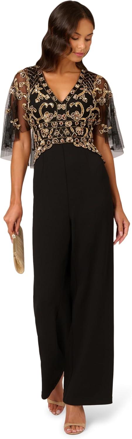 imageAdrianna Papell womens Beaded Crepe JumpsuitBlackRosegold