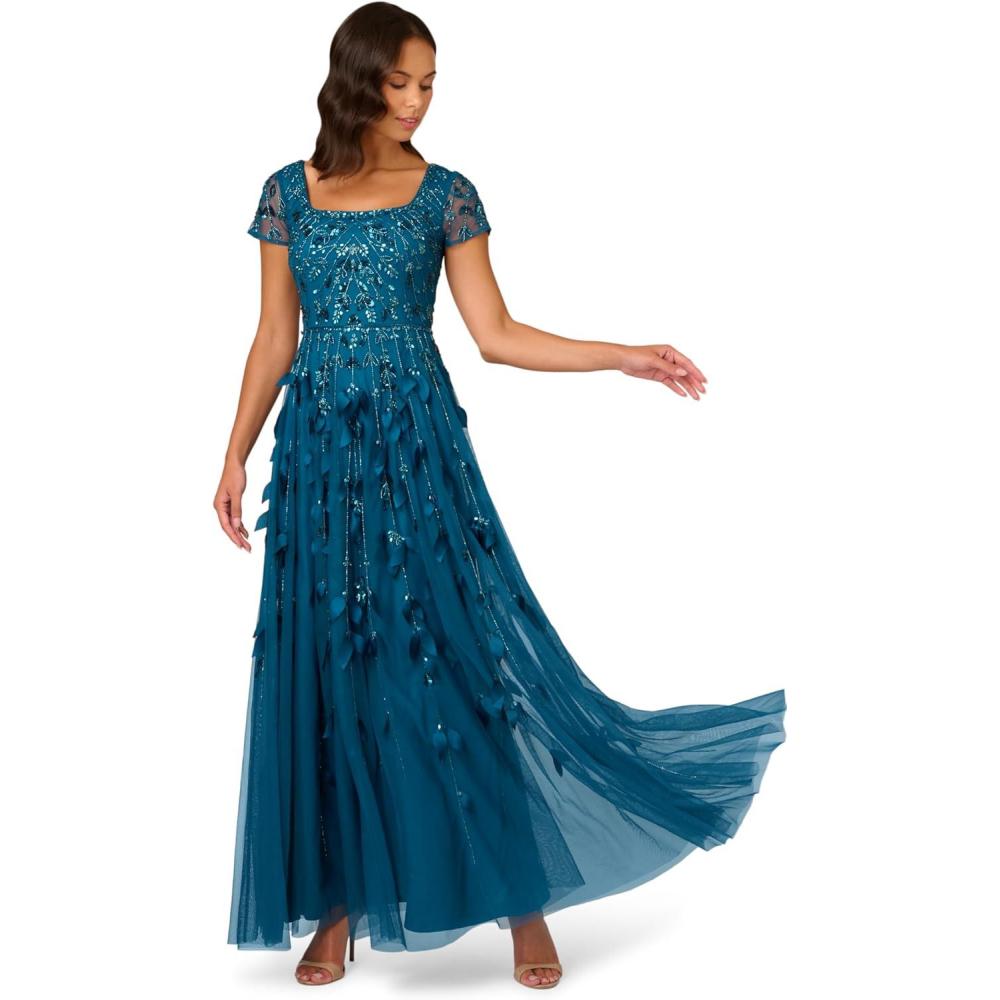 imageAdrianna Papell Womens Bead 3D Petal Long DressTeal Sapphire