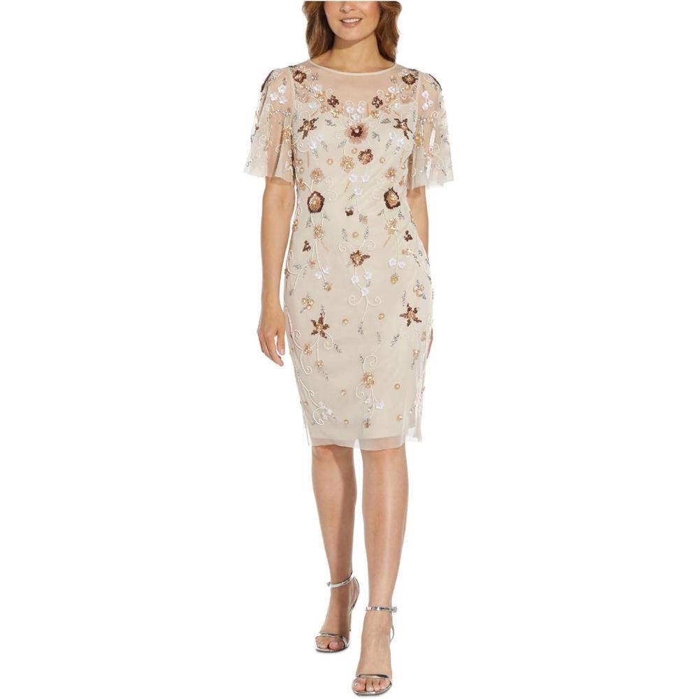 imageAdrianna Papell Womens Beaded Flutter Sleeve DressAlabaster