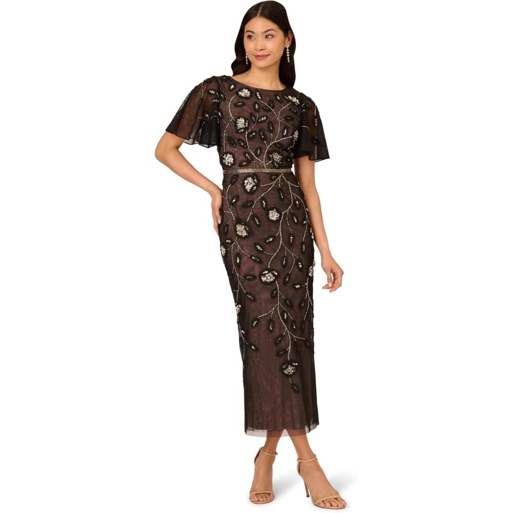 imageAdrianna Papell Womens Beaded Mesh Column DressBlackRosegold
