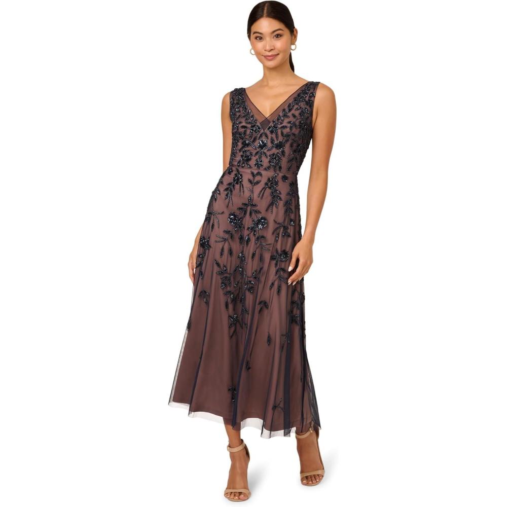 imageAdrianna Papell Womens Beaded Mesh DressNavyRosegold