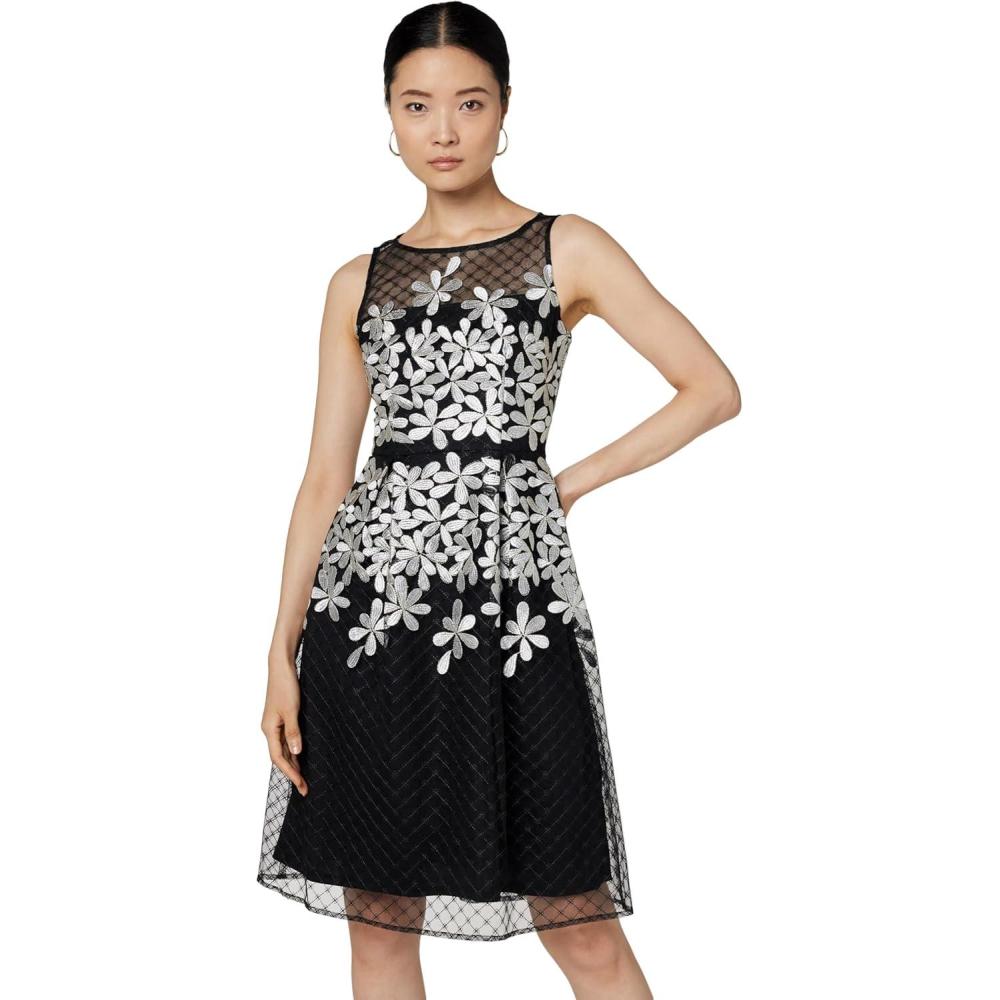 imageAdrianna Papell Womens Embroidered Fit and FlareBlackIvory