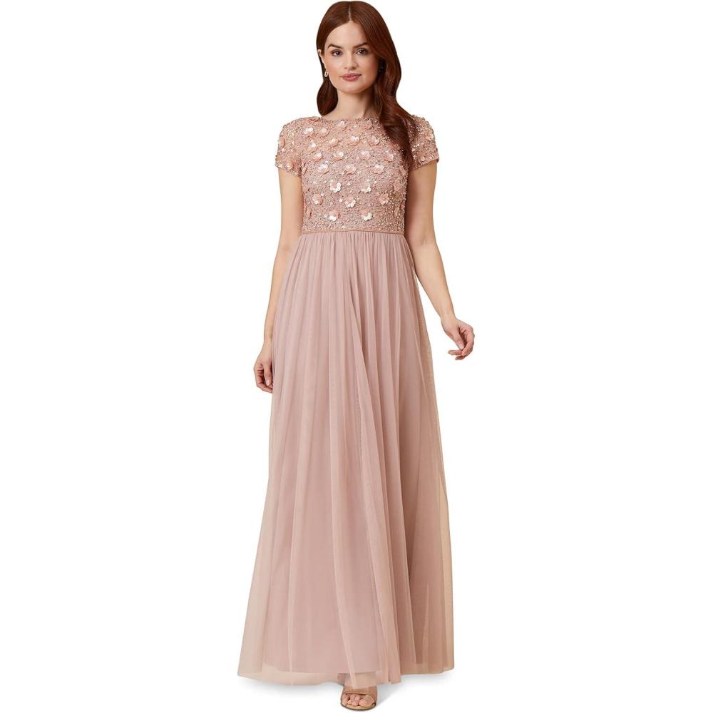 imageAdrianna Papell Womens Floral Beaded Top with TulleSteel Rose