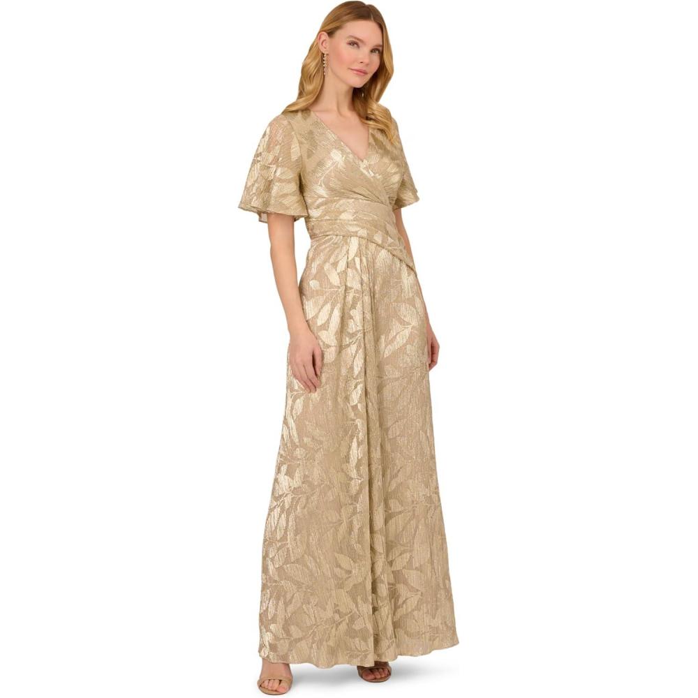 imageAdrianna Papell Womens Foil Leaf Draped GownChampagneGold
