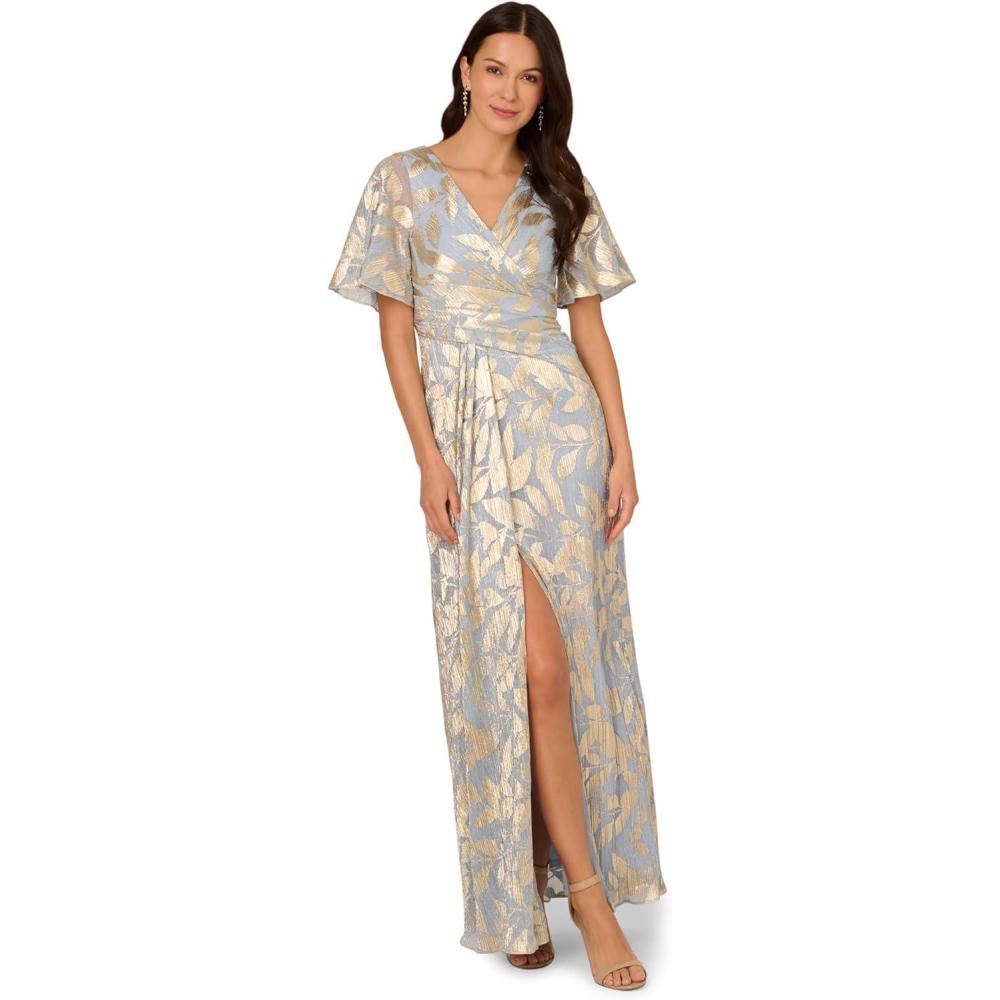 imageAdrianna Papell Womens Foil Leaf Draped GownLight BlueGold