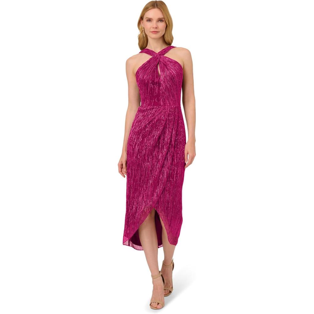 imageAdrianna Papell Womens Halter Crinkle Metallic DressMagenta