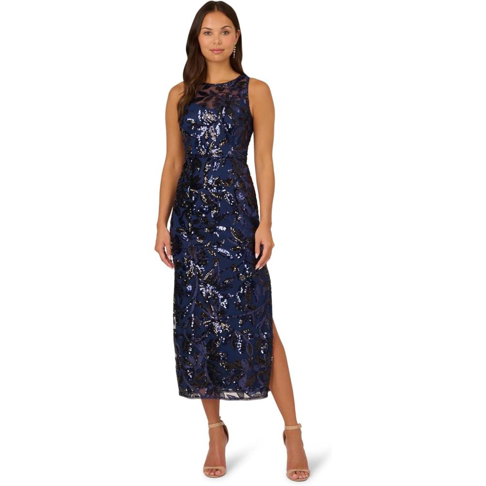 imageAdrianna Papell Womens Leaf Sequin Maxi DressNavyBlack