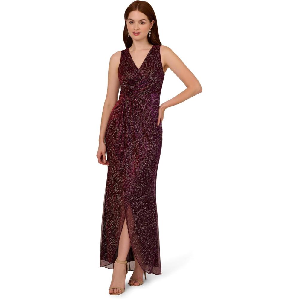 imageAdrianna Papell Womens Metallic Mesh Cascade GownSpecial Occasion DressBurgundyGold