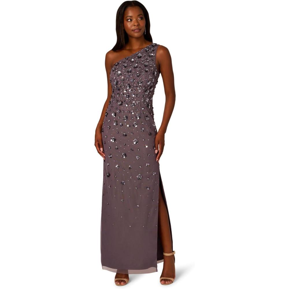 imageAdrianna Papell Womens One Shoulder Bead Long DressMoonscape
