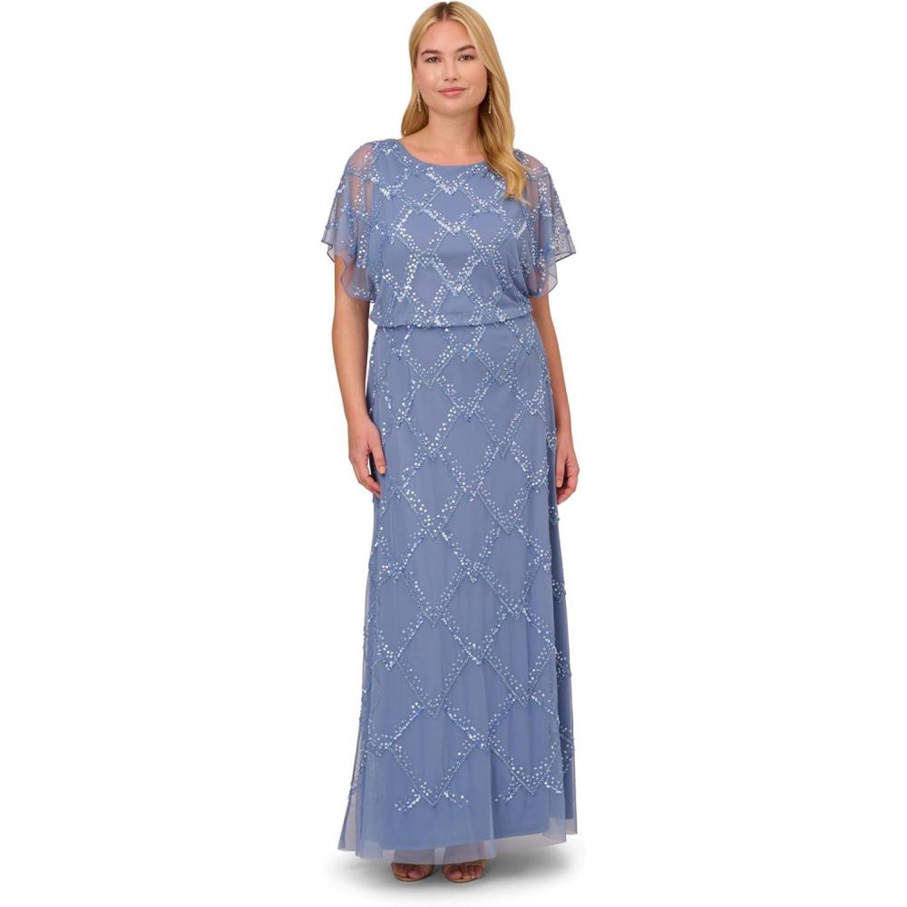 imageAdrianna Papell Womens Plus Size Beaded Blouson Gown French Blue