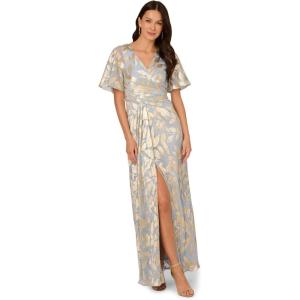 imageAdrianna Papell Womens Foil Leaf Draped GownLight BlueGold