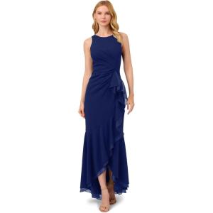 imageAdrianna Papell Womens Ruffle Crepe Halter GownNavy Sateen