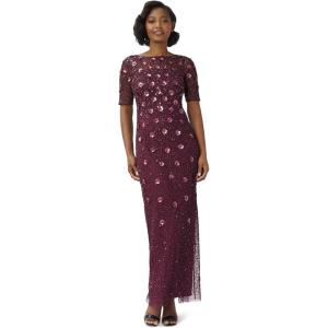 image:imageAdrianna Papell Womens Beaded Long 3D Floral DressCassis