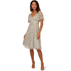 image:imageAdrianna Papell Womens Beaded Midi Dress  Sequin Cocktail Dress with Flutter Sleeves amp Raised Floral Embellishments