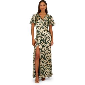 image:imageAdrianna Papell Foil Leaf Draped Gown NavyGoldGreen PineGold